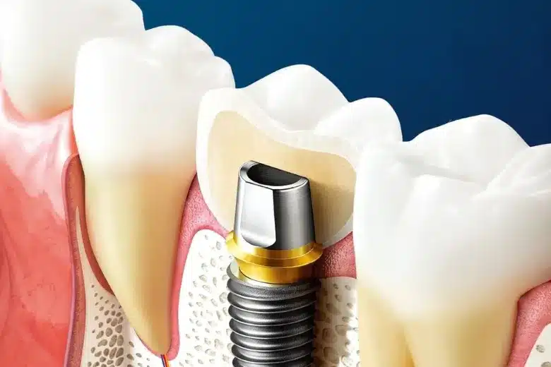 Detailed illustration of a dental implant in a human jaw.