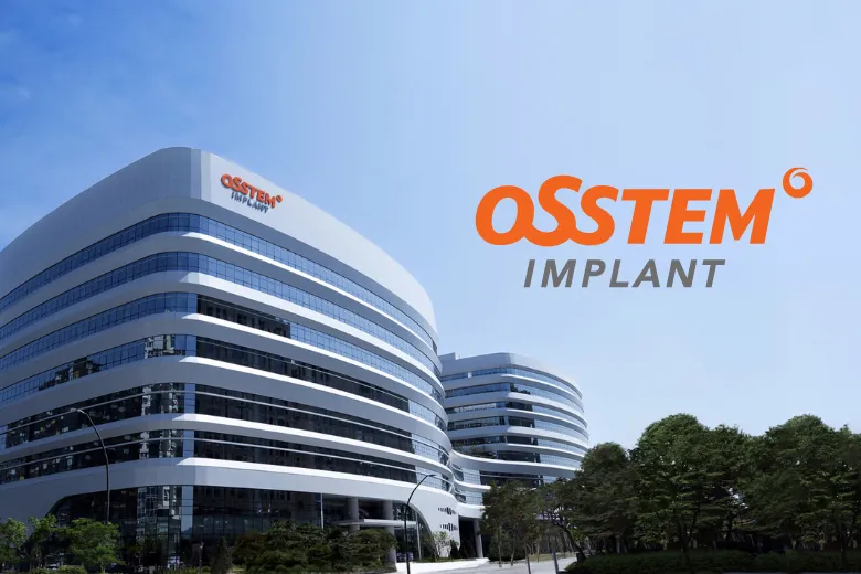 Osstem's modern, curved headquarters building under clear skies.