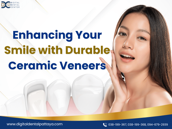 "ผู้หญิงยิ้มแตะใบหน้า พร้อมข้อความ 'Enhancing Your Smile with Durable Ceramic Veneers' และพื้นหลังเป็นภาพฟันเคลือบเซรามิก"